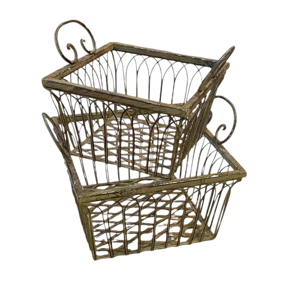 Vintage Wrought Iron Square Ornate Handles Basket Sage Green, Set Of 2